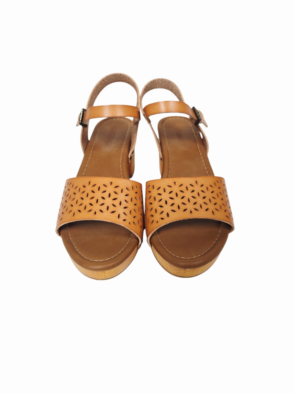 Women's Tan Woodgrain Look Laser-Cut Block Heel Sandals with Ankle Strap - Picture 3 of 16